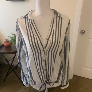White and blue striped button up top